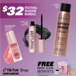 Revolution Festival Season Bundle: includes the Pout Bomb Plumping Gloss, Wrap Lash Tubing Mascara, & Superfix Misting Setting Spray