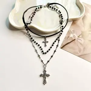 Cross Stacked Rosary Black Bead Leather Cross Chain Necklace, Vintage Style Women's Necklace pendant necklace cuban miami style necklace stainless steel pendant chain hip hop necklace elegant rhinestone jesus style jewelry woman fashion jewelry gift snake