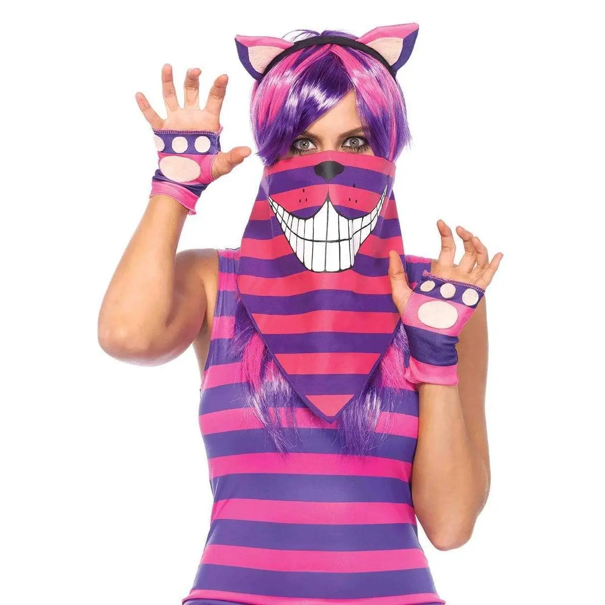 Edgy Cheshire Stripe Smile Bandana Mask - Breathable Single Layer Halloween Costume Accessory, Universal 1-Size Festive Party Supply, Costumeaccessories
