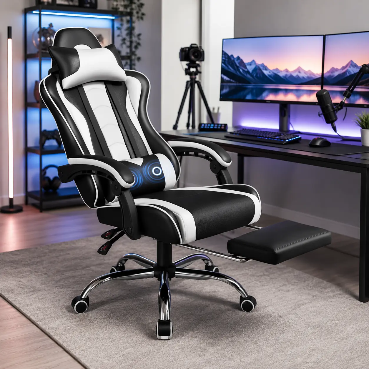 【Back to School】Yaheetech Ergonomic Gaming Chair with Massage Lumbar Support and Footrest, Swivel Rolling Chair and Headrest,Pu leather Desk Chair Reclining tall gaming,dorm essentials,home decor tiktokshopbacktoschool