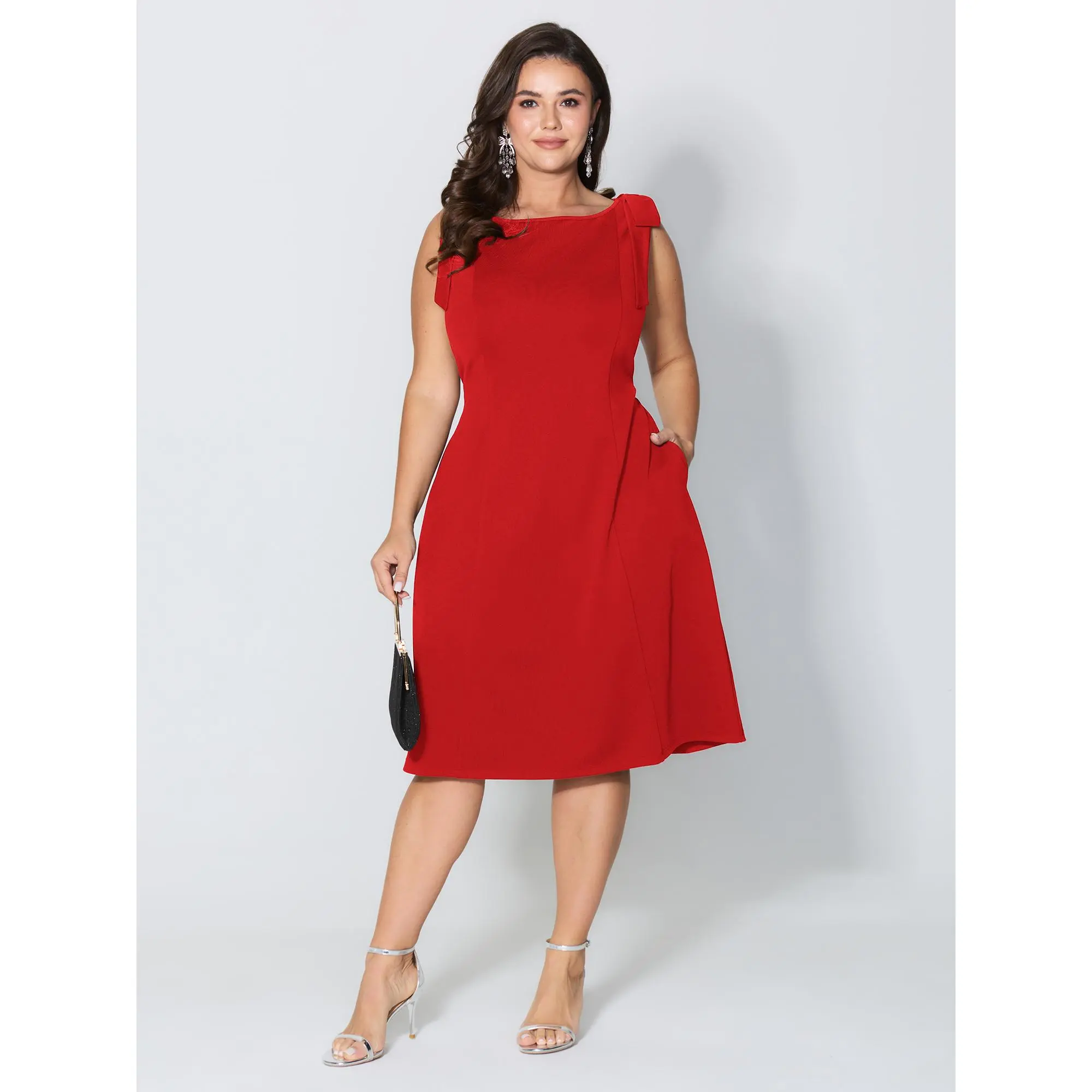 BloomChic Women's Plus Size Polyester Blend Solid Bodycon Midi Dress - Sleeveless Boat Neck Casual Pull-On Dress with Shoulder Ties, Pockets (Cold Wash) | Women's Clothes, Plus Size Fashion, Casual Wear, Plain, Fashion Apparel, Wash With Like Colors, Plus