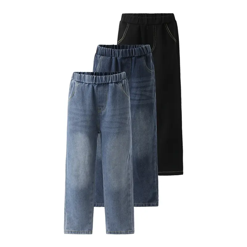 #backtoschool Boys' 3-Piece Elastic Waist Wide Straight Stretch Jeans - Polyester Clothes, Boys Clothing, Leisure Bottoms, Ages 3-12 Kids' Bottoms, Kids Clothing Boys