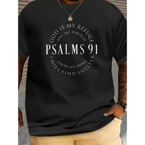 [100% Cotton] [ Psalms 91 Tee] Plus Size Crew Neck T-Shirt - Psalms 91 God Is My Refuge Print, Casual Sports Style,Regular Fit, 180Gsm - Black T-Shirt For Men And Women