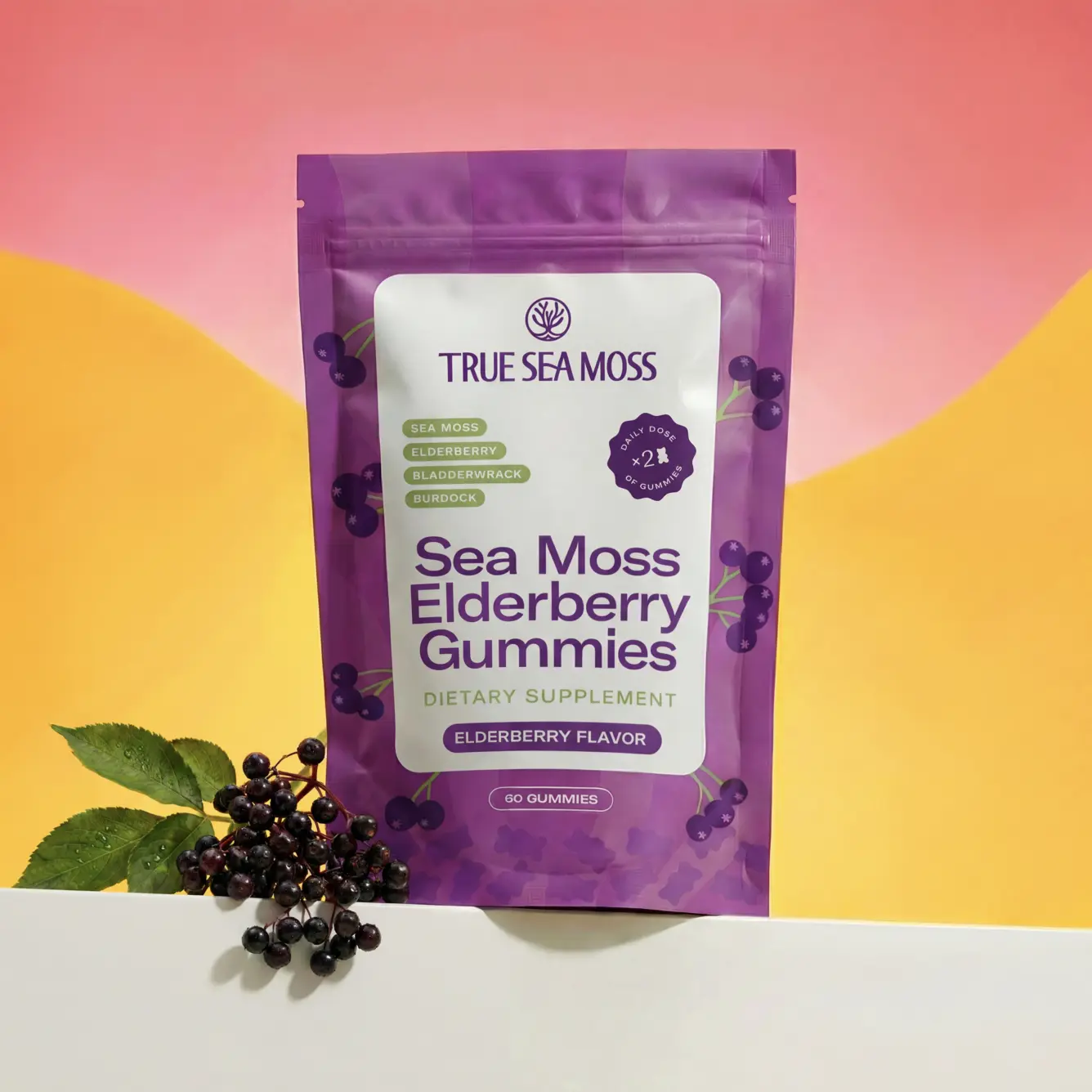 True Sea Moss Elderberry Gummies  – With Magnesium, Burdock Root & Bladderwrack – 60 Gummies – Rich in Essential Minerals & Vitamins