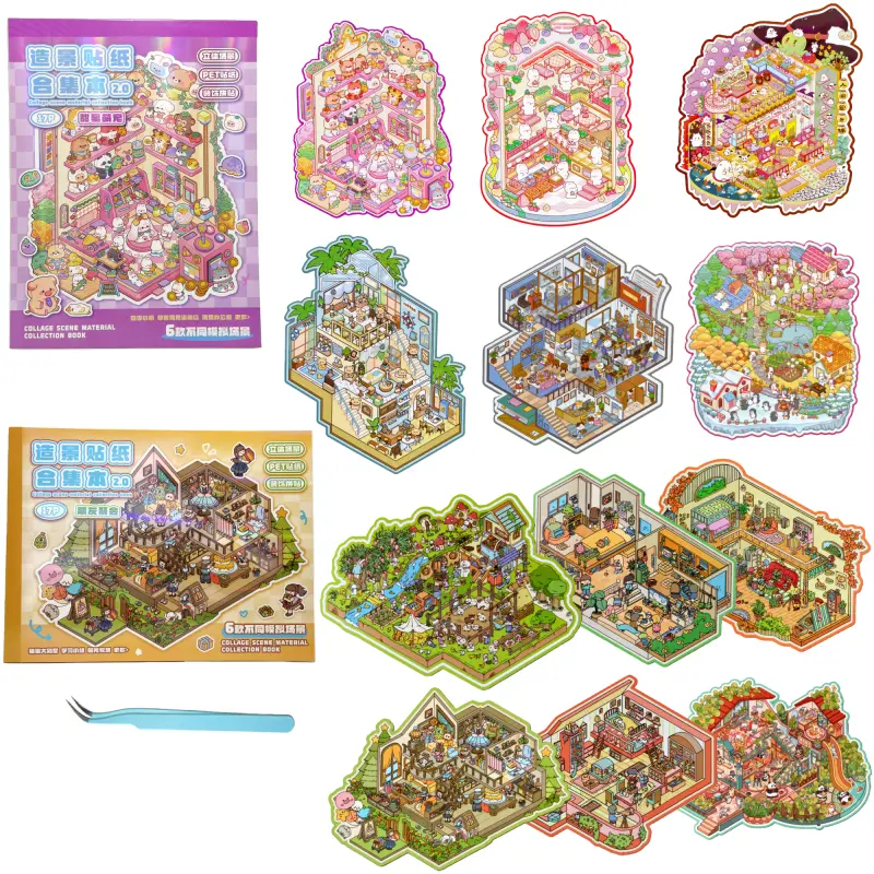 12 Sets Scene Sticker for Children and adult,7.65x9.88 inchs Big Size 3D Sticker Scenes Book for Boy & Girl,Cute Kawaii Stickers Therapy Funny Scenes Stickers Set,Relief Stress Pass The Time, Birthday Gift