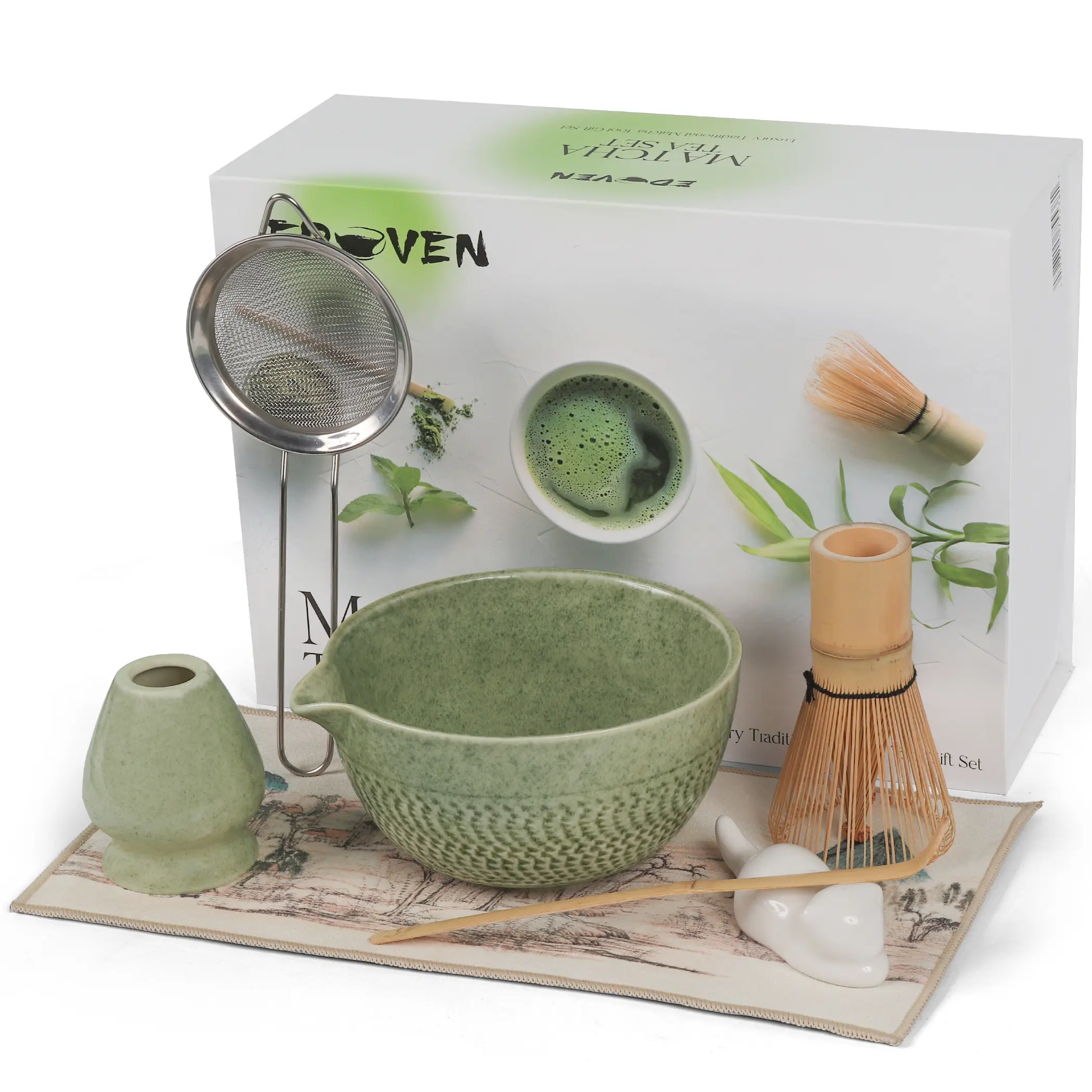 EDOVEN 450ml Lead-Free 8-Piece Japanese Style Matcha Tea Set - Ceremonial Matcha Bowls & Kitchen Tea-Making Tools: Ceramic Bowl, Natural Bamboo Whisk, Whisk Holder, Scoop, Powder Sifter, Instruction Booklet, Magnetic Gift Box for Enthusiasts, Matcha Tea S
