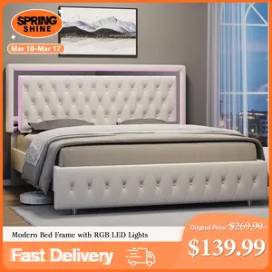 AMERLIFE Modern Bed Frame with RGB LED Lights, Adjustable Headboard Velvet Button Tufted/Acrylic Mirror Accents/Smart APP&Remote Control/No Box Spring Needed/Furniture Room/Full/Queen Size/Best Gift Ideas/Christmas Gifts