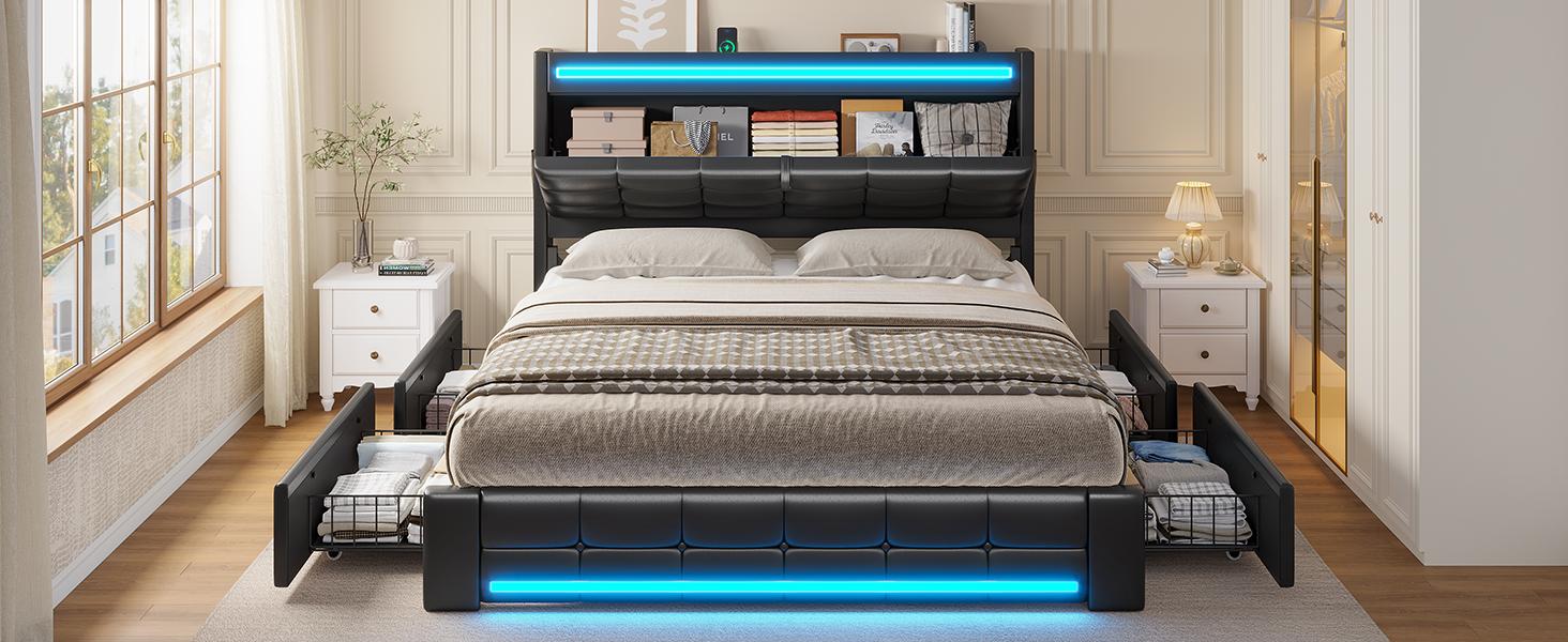 Sikaic LED Bed Frame with Storage Headboard 4 Drawers and Charging Station Leather Upholstered  Button Tufted Platform Bed Frame No Box Spring Needed Black PU