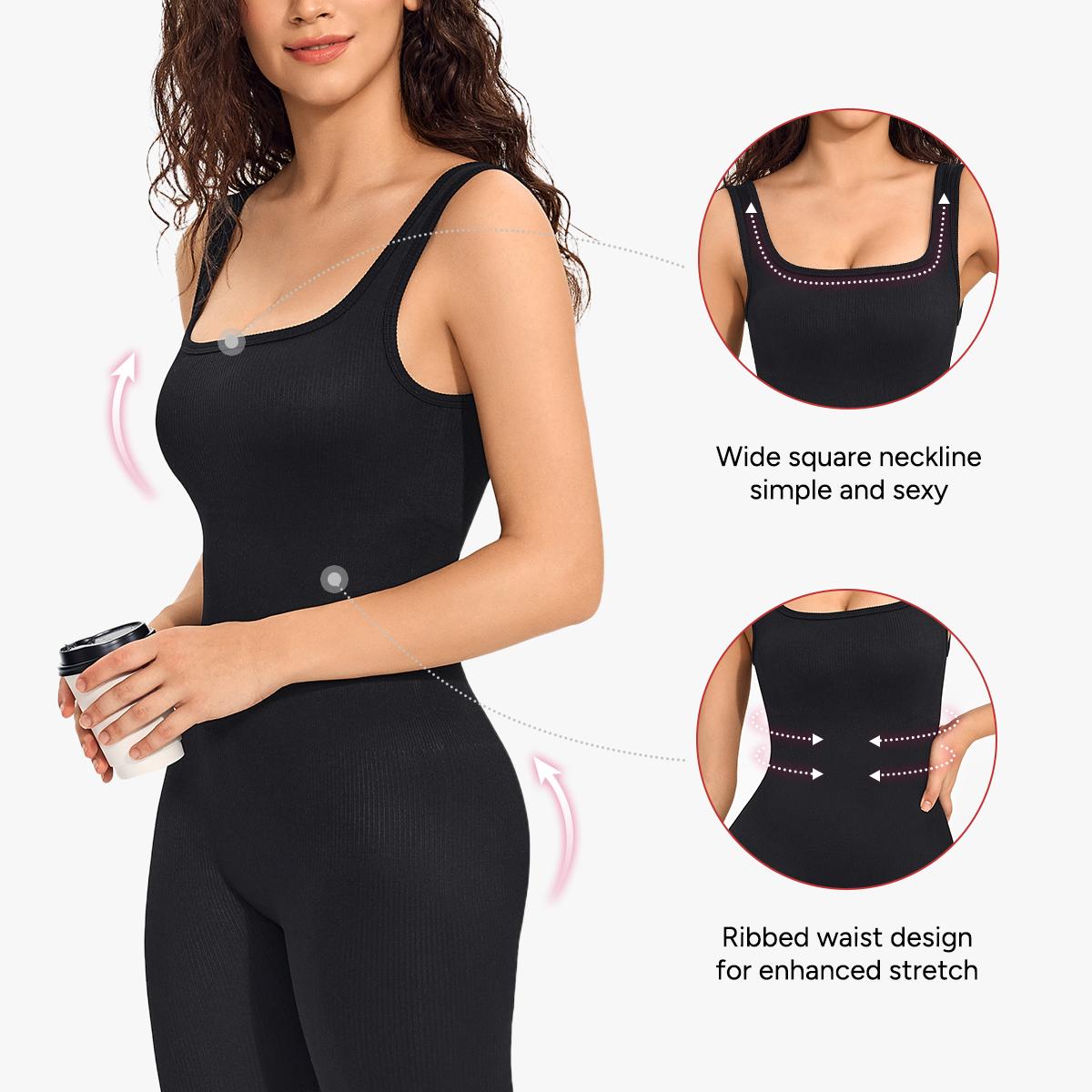 Nebility Women's High Elasticity Breathable Fabric Long Sleeve Yoga Jumpsuits Ribbed Design for Workout Leg Shape Ornament One Piece Activewear Clothing Athletic Training Apparel