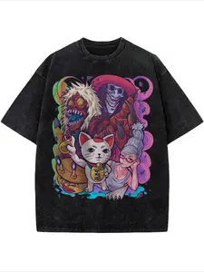 Men's washed cotton street brand fashion T-shirt, cat and devil print pattern casual wear party double-sided printing retro heavy T-shirt, perfect gift loose and comfortable breathable machine washable fabric hip-hop cool style drop ink clothing Y2K style