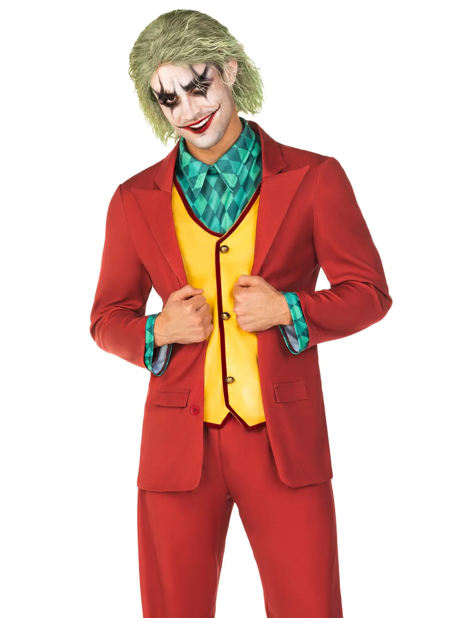Men's 3-Piece Clown Costume, Slim-Fit Pinstripe Gotham Villain Outfit with Jacket & Pants for Halloween Parties, Vest‑Jacket Combo