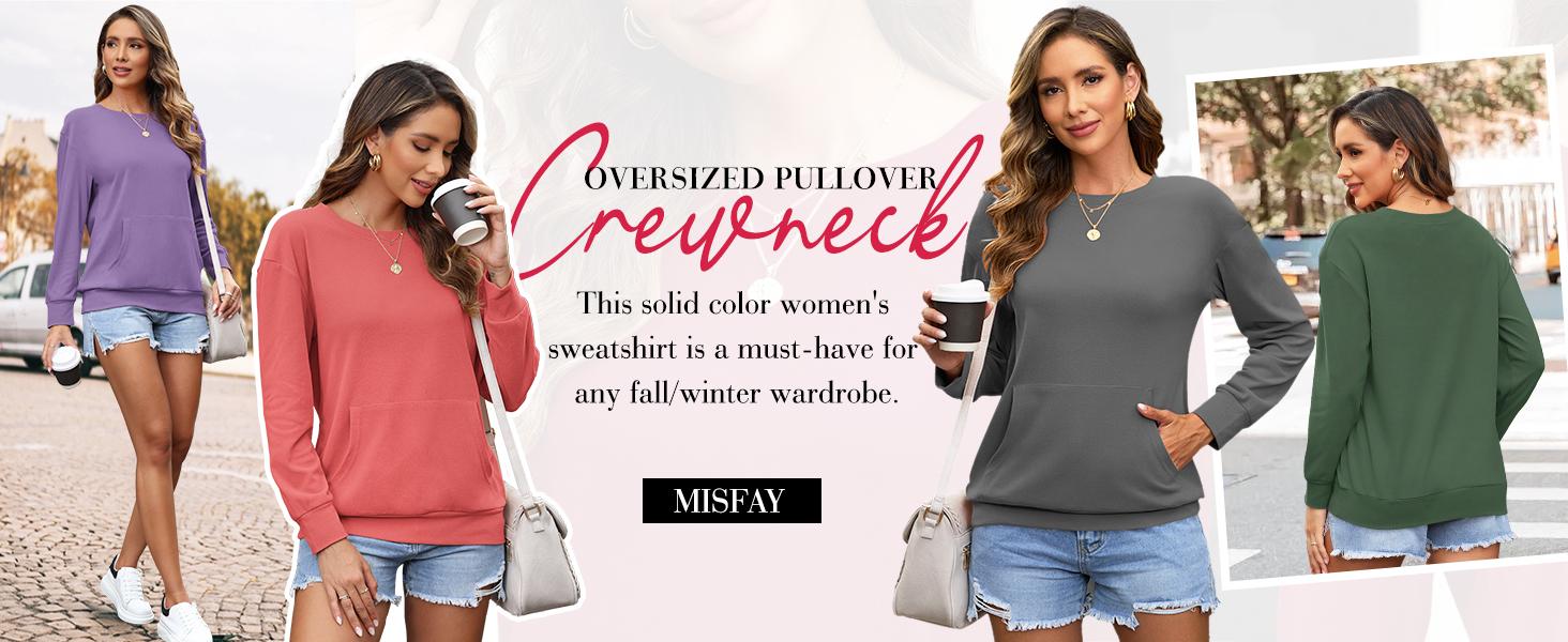 [Restocked] MISFAY & AUSELILY Women's Crewneck Hoodless Sweatshirt Hoodless Sweatshirt with Kangaroo Pocket Fleece Long Sleeve Oversized Casual Style Shirt Hoodie Solid Pullover Lightweight Loose Tops