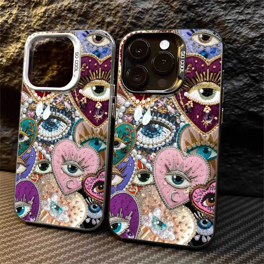 Phone Case - One Colorful Bohemian Phone Case Featuring Eye And Heart Designs, Compatible with for Apple Iphone 17 16 15 14 13 12 11 PRO MAX PLUS,AIR and iPhone XR XS MAX 7 8Plus 16E SE. This Case Is Shockproof And Has a Vintage Funky Cute Style.