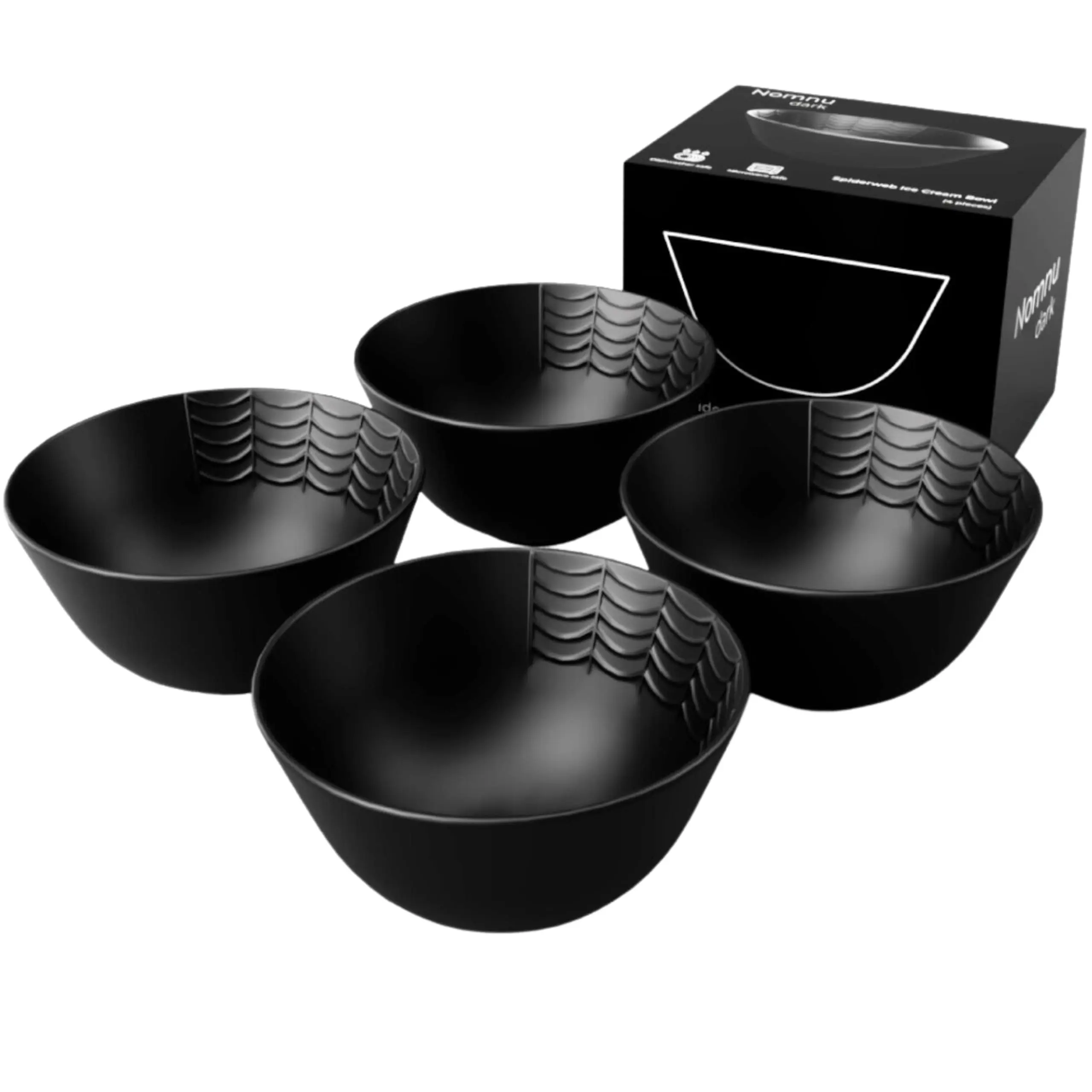 Nomnu Spiderweb Art Black Ceramic 4-Piece 4.5" Gothic Tableware - Small Size Deep Decorative Home Decor Microwavable Dishwasher Safe for Dessert, Ice Cream