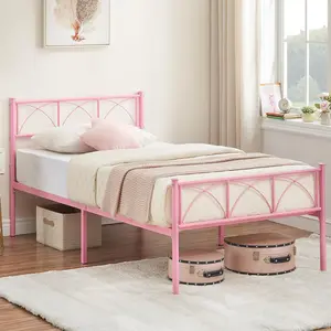Twin Bed Frame with Headborad and Footboard, Firm Support Structure, Metal Platform Bed Frame, No Box Spring Needed, Under Bed Storage, Pink