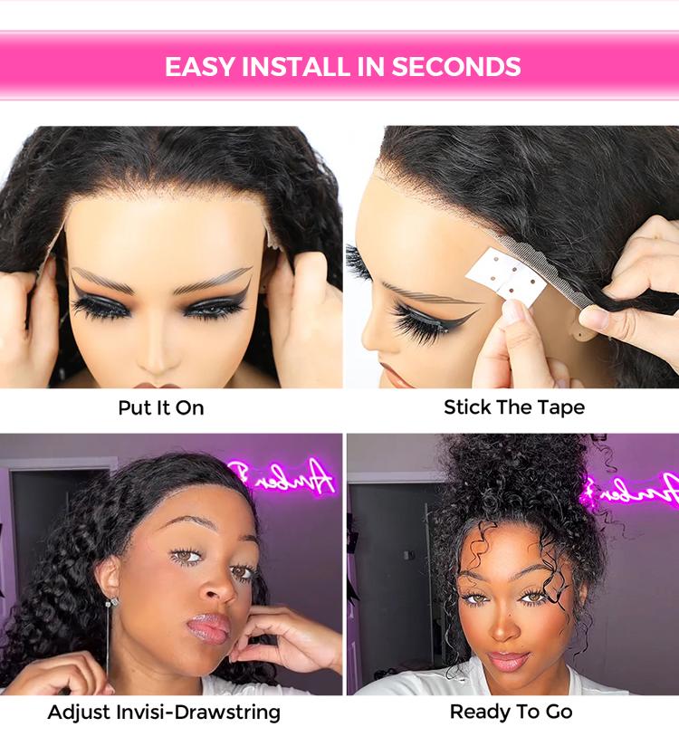 CurlyMe Water Wave / Kinky Straight Invisi Strap Snug Fit 360 Transparent Lace Frontal Human Hair Wigs Wear Go Glueless Wig Bleached Knots Pre Cut Lace Pre Plucked Realistic Hairline Beginner Friendly