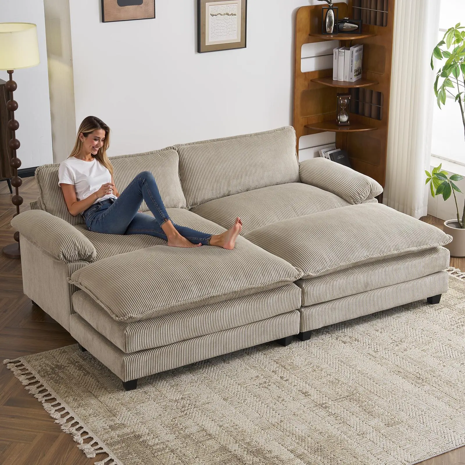 【Not a set】Karlhome Modern 2-Seater Living Room Furniture, Indoor Corduroy Sectional Couch with 2 Ottomans, Full-Size Bed Convertible, Soft Cushions, Wood Grain Legs (Not a Full Set), L Shaped Couch,sofa