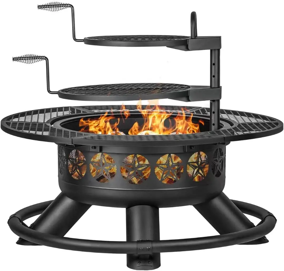 Outvue 47 Inch Large Wood Burning Fire Pit with 2 Grills, 3-in-1 BBQ Fire Pit Table with Lid & Fire Poker, Heavy-Duty Metal Outdoor Fireplace for Backyard, Patio, Parties & Bonfires