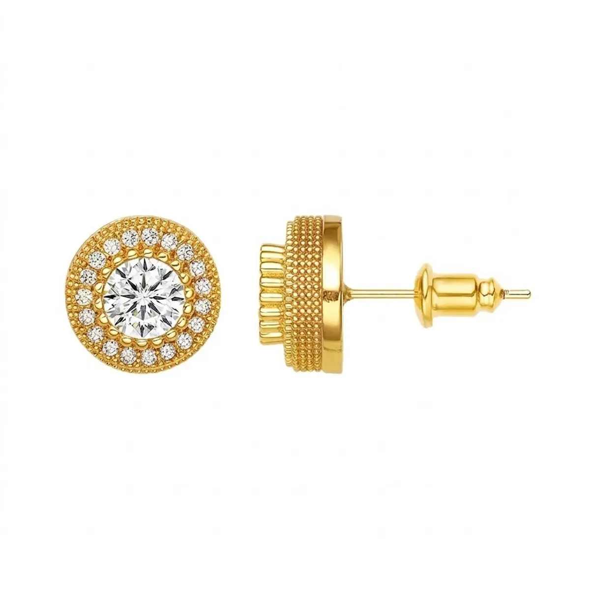 Fashionable stud earrings, round cubic zirconia stud earrings, halo stud earrings, gold-plated hypoallergenic stud earrings