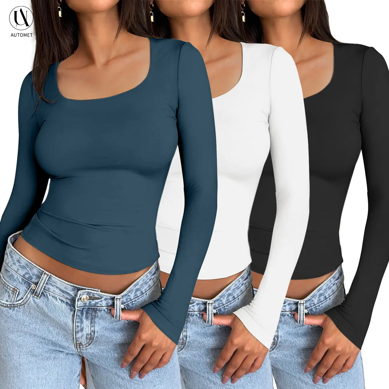 AUTOMET Women's 3-Pack Long Sleeve Crop Tops - Slim Fit, Y2K 2000s Cute Clothes, Minimalist Korean Style, Casual Fit Chic, Basic Layering T Shirts Women, Haze Blue/White/Black, Everyday Tops, Cute Clothes for Summer Womenswear