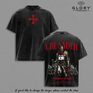 Crusader Defender of Faith Vintage Washed Oversized T-Shirt, 2 Timothy 1:7 Scripture Knight Graphic Tee, Heavy Cotton Medieval Christian Streetwear Top, Unisex Dark Gothic Warrior Shirt