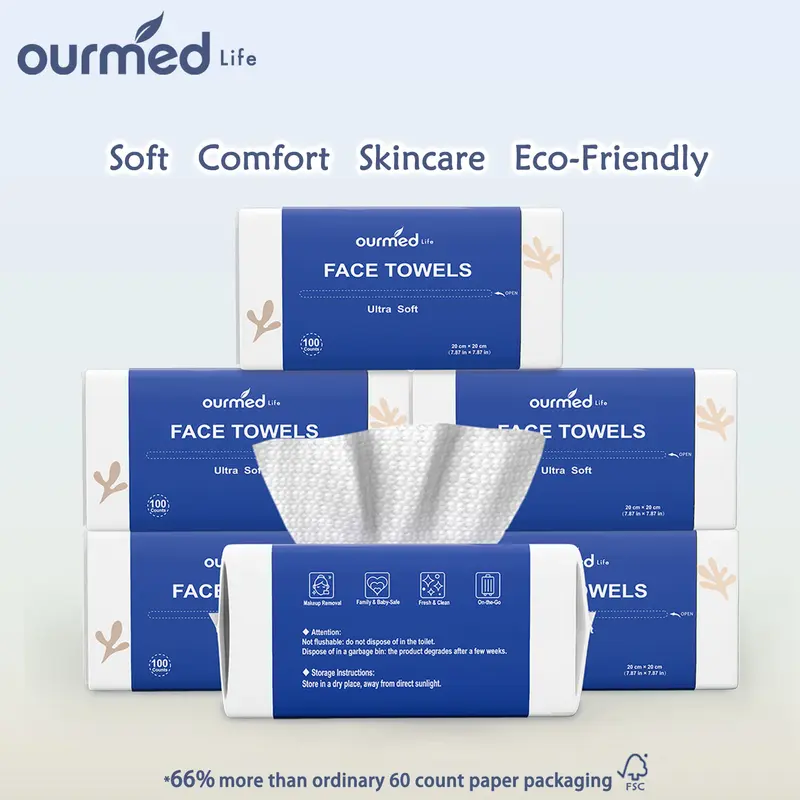 Ourmed Life Disposable Face Towels 600 Count for All Skin Types Gentle for Sensitive & Irritated Skin Skin Soothing Biodegradable Absorbent Wet & Dry Use For Cleansing Makeup Removal Skincare Ultra Value,Women’s Cleansing