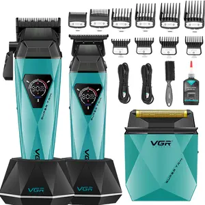 VGR 877S3 Professional Barber Clippers and Trimmer Set Cordless Hair Clippers for Men with Foil Shaver Mens Hair Cutting Kit with LED Display Charging Base Barber Kit for Men Grooming