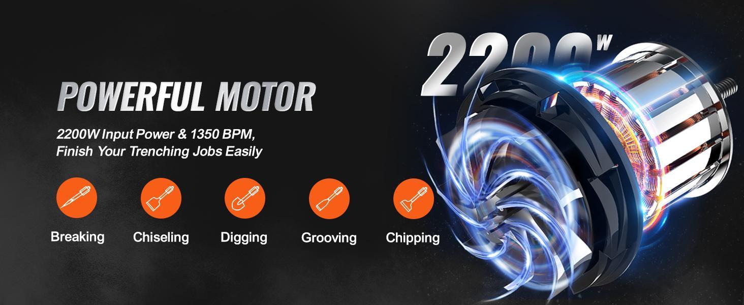 VEVOR Demolition Jack Hammer Concrete Breaker 2200W Electric Hammer 6 Chisel Bits