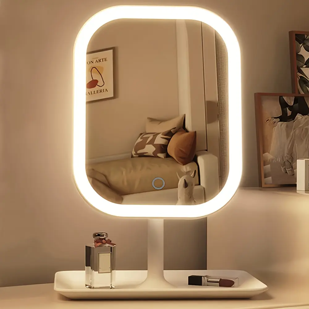 LED makeup mirror, rechargeable desktop vanity mirror with lights, 3 lighting modes, touch control dimming, adjustable brightness, portable illuminated beauty mirror, travel makeup mirror with lights