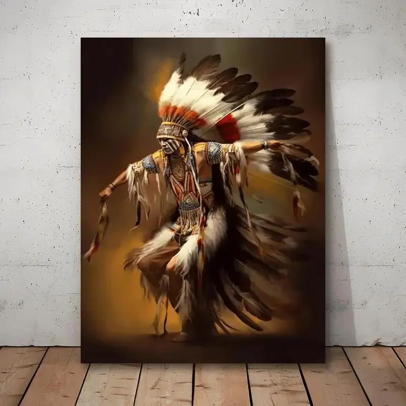 Artistic Native American Indian Tribal Dancer Headdress Patterned Framed Canvas Wall Art - Hand-Painted Look, Waterproof Textured, Rectangular Wooden Frame, 2D, Easy to Clean, Durable Southwest Cultural House Decor Gift