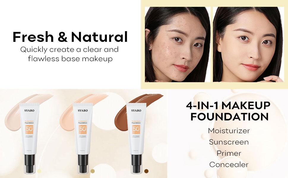 SYABO Sunscreen Liquid Foundation, 4 in 1 Makeup Liquid Foundation, Broad Spectrum SPF 50+ Sunscreen, Floral Concealer Liquid Foundation, Natural Makeup, Delicate and Fitting, Effectively Blocks UV Rays, Suitable for All Skin Types, Three Colors Cosmetic