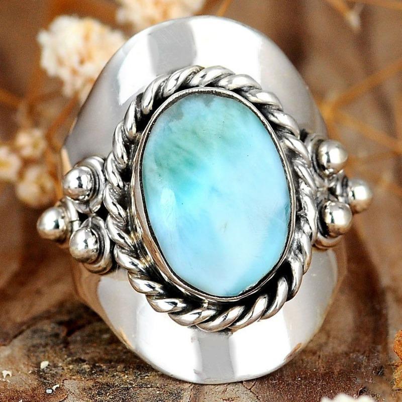 Fashion Vintage Women Bohemian Jewelry Turquoise Wide-sided Ring Anniversaries Birthday Wedding Party Gift