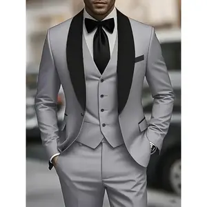 Men's 3pcs suit, plain color green fruit collar suit with jacket and formal trousers, suitable business gatherings, graduation ceremonies, weddings and parties Long Sleeve Menswear Pants Polyester