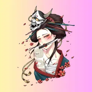 Oni Mask Girl Sticker Aesthetic Samurai Art Vinyl Waterproof Laptop Water Bottle Decal Tattoo Style Anime Sticker