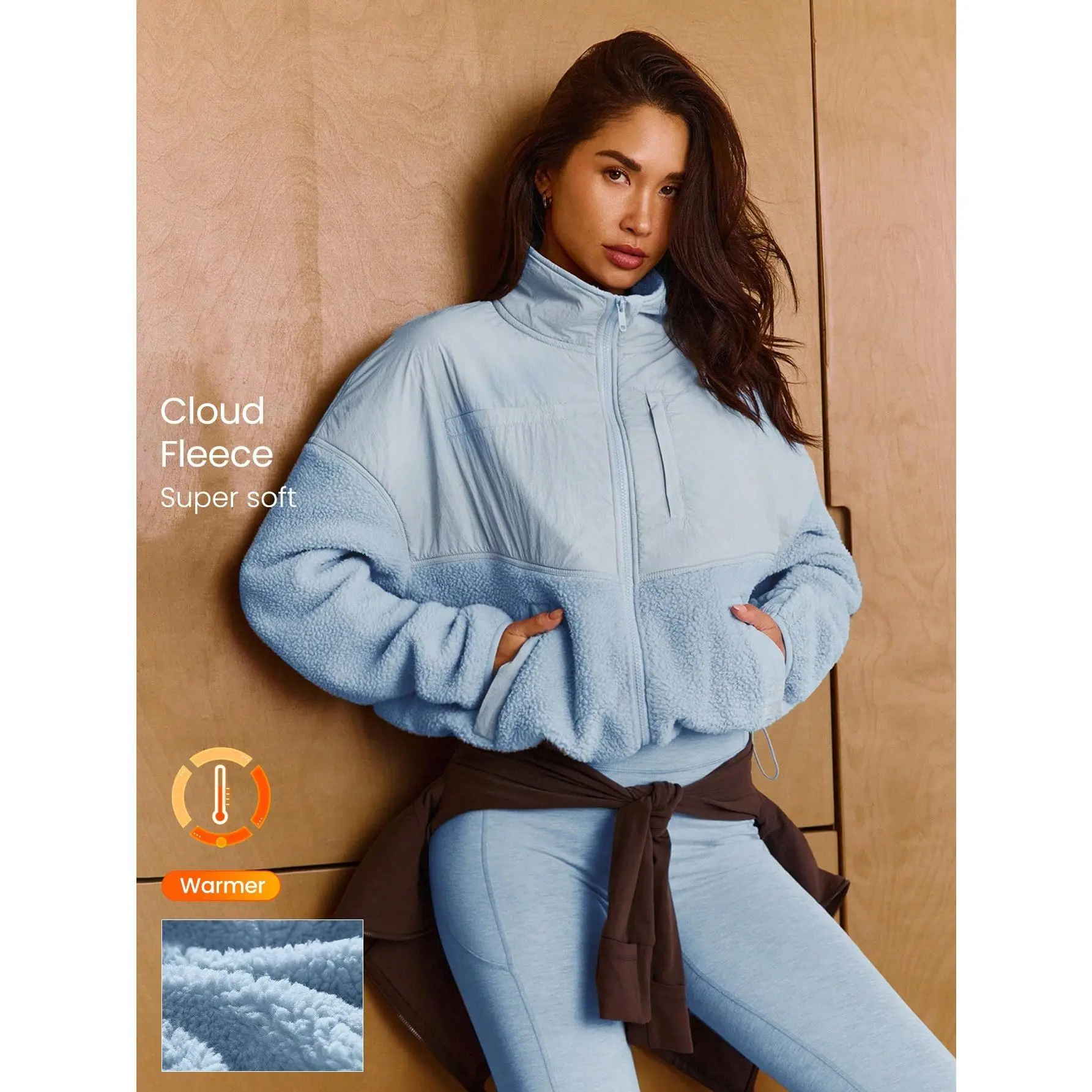 GLOWMODE Cloud Fleece Double The Glow Two-Tone Waist-Length Drawstring Hem Zip-Up Jacket With Side Zipper Pockets Daily Casual Wear Fall Winter Fall Winter