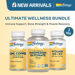 Solaray Ultimate Wellness Bundle 3-Pack -  Magnesium Glycinate + Vitamin D3/K2 + Zinc Copper  for Daily Mineral & Overall Wellness Support Fitness Endurance Supplement Edible