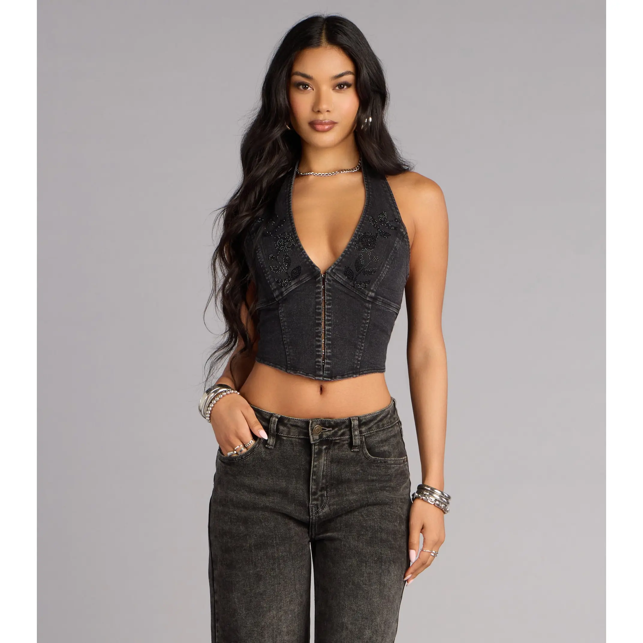 Dark Rose Drama Denim Halter Top