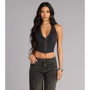 Dark Rose Drama Denim Halter Top