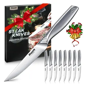Huusk Serrated Steak Knives Set, 4.5 Inch Stainless Steel Steak Knives Set of 8, Sharp Dishwasher Safe Dinner Knife for Kitchen Table with Gift Box, Christmas Gifts for Men Women