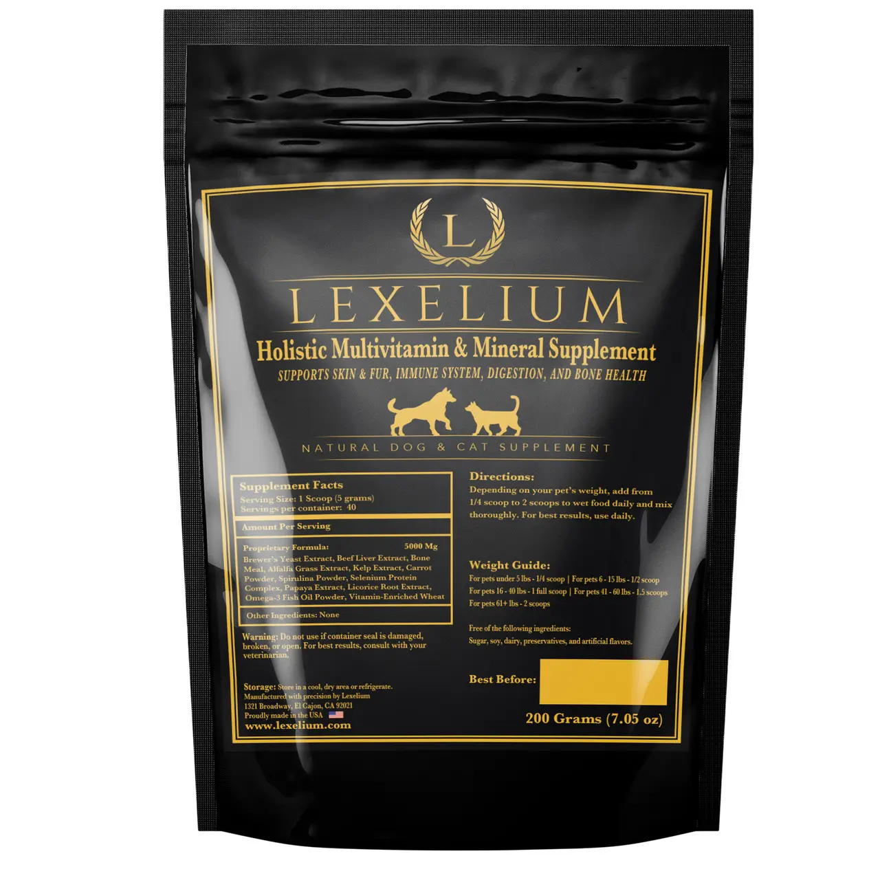 Lexelium Multivitamin & Mineral Supplement for Dogs & Cats with Vitamins, Minerals & Omega-3 | Supports Daily Wellness - 200g
