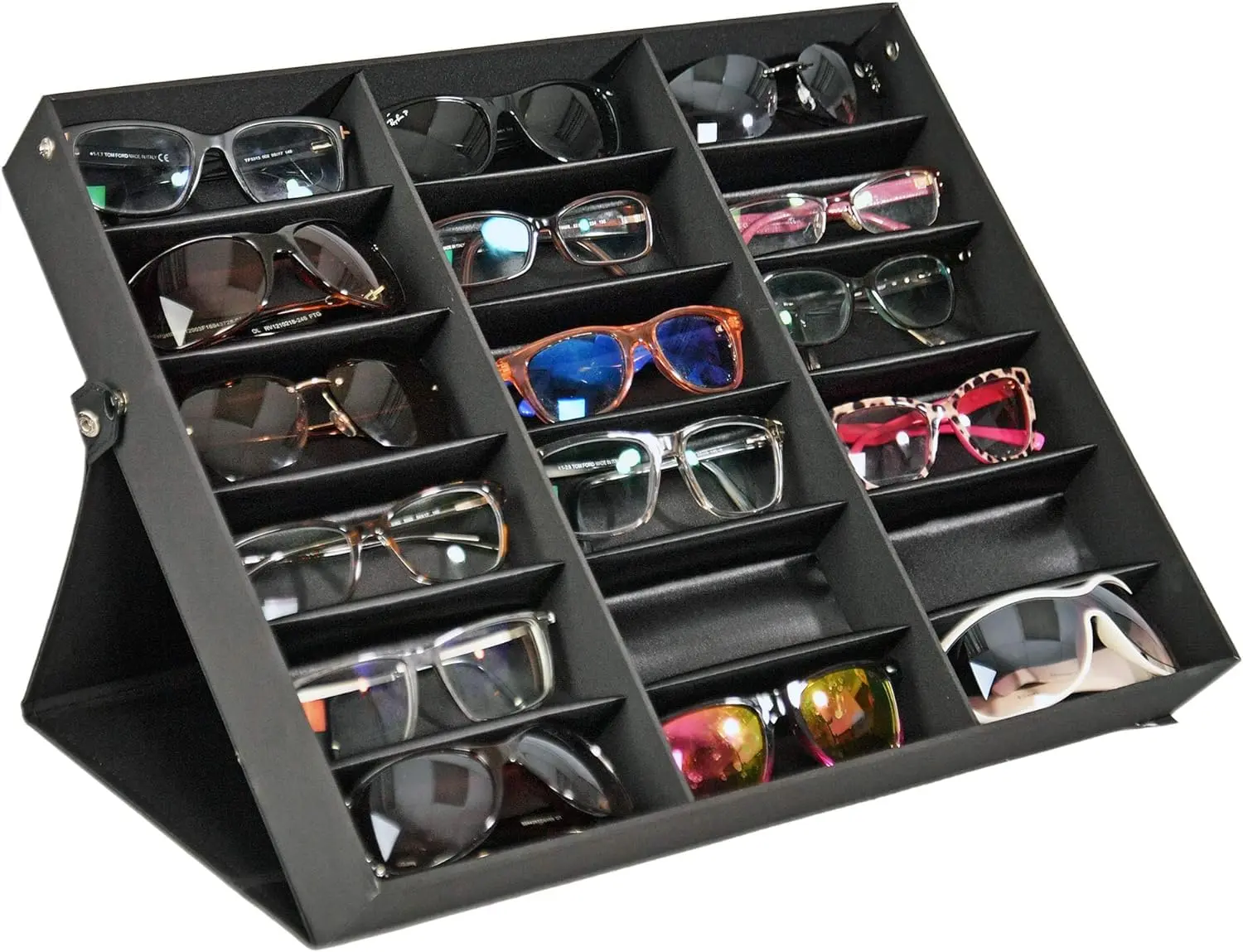 Elegant Black 18-Compartment Rectangle Polyester Sunglasses Organiser Box, 18.5x14.6", Home Storage Solution for Multiple Glasses Pairs