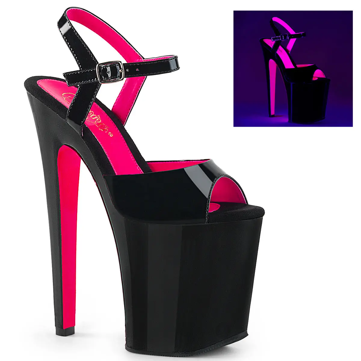 Pleaser Xtreme-809TT Women's Stylish High Heels - 2-Tone Ankle Strap Heeled Sandals, 8-in High Platform Shoes, Neon UV Blacklight Effect Statement Shoe