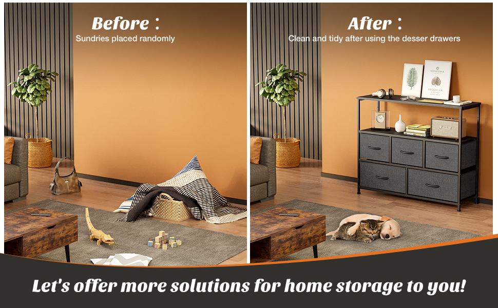 Entertainment Center with 5 Fabric Drawers, Media Console Table Open Storage Shelf Dresser for Bedroom/Living Room/Hallway, TV Stand with 5 Drawers