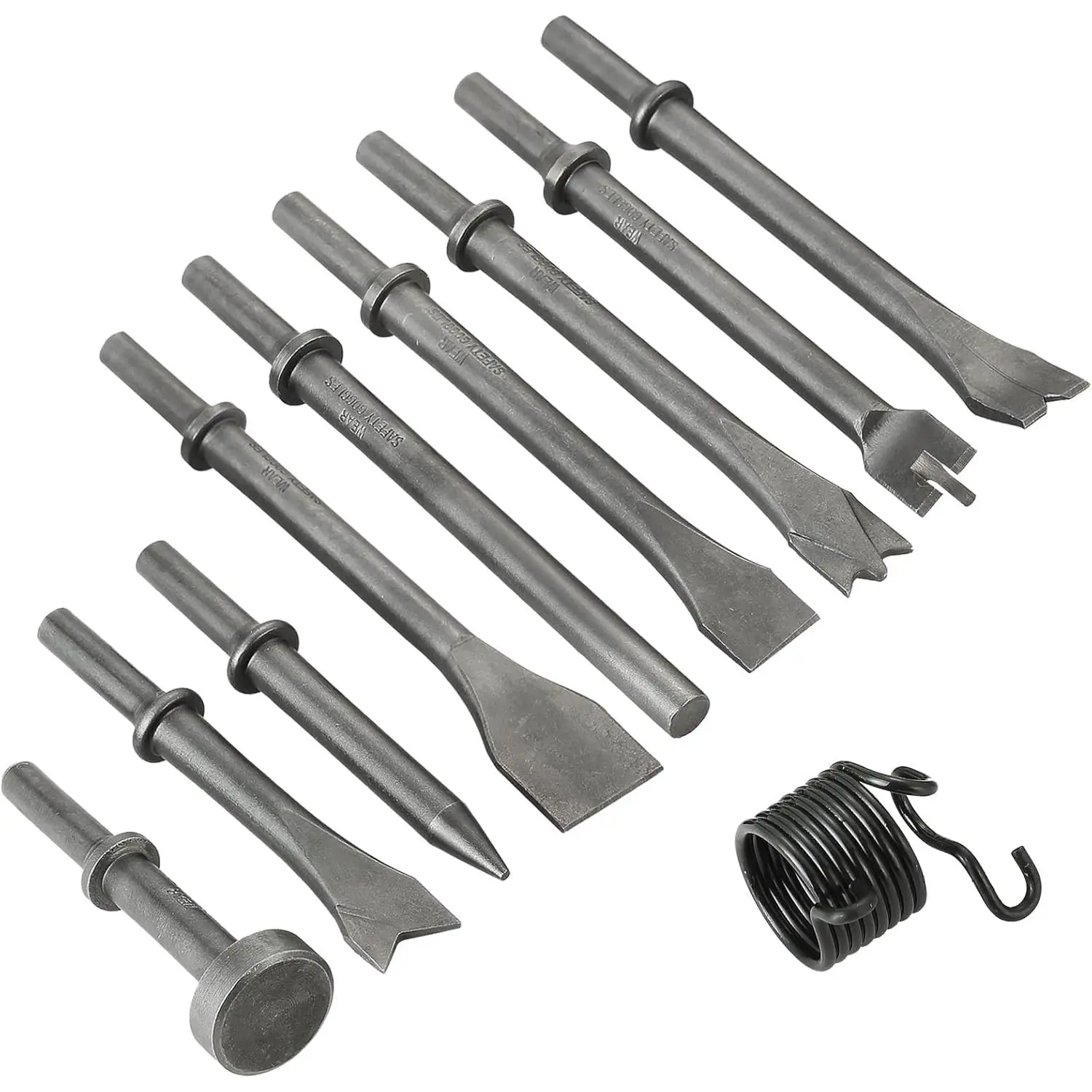 10-Pc Heavy-Duty High Carbon Steel Pneumatic Air Hammer Chisels Hardware Tool Set - 9 Pcs 0.401'' (10mm) Shank Metal Chisels + 1 Spring Included for Leisure & Outdoor Recreation, Pneumatic Chisels