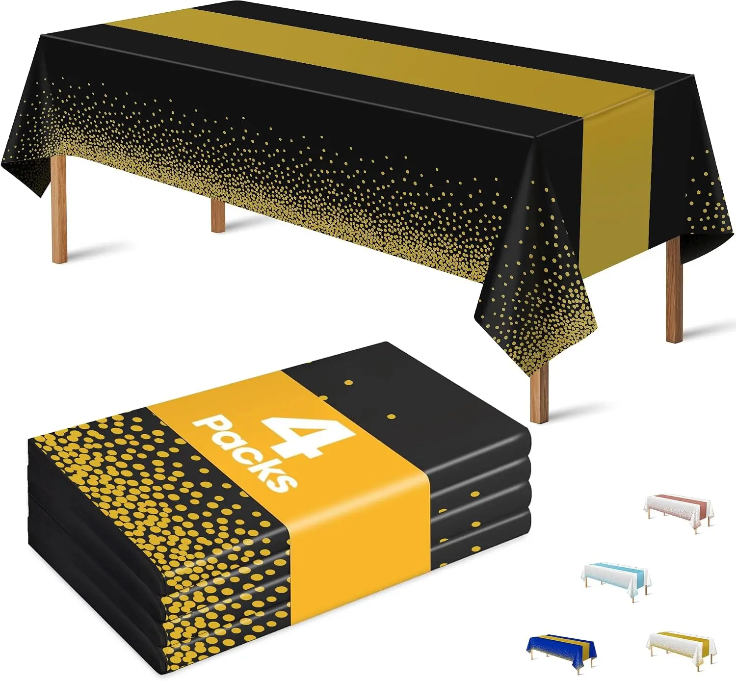 New Years Decorations 2027, 4 Pack Black Gold Disposable Tablecloths, New Years Eve Party Supplies, Plastic Table Covers for Birthday, 50th Birthday, Graduation, Retirement & Celebration Party Decor