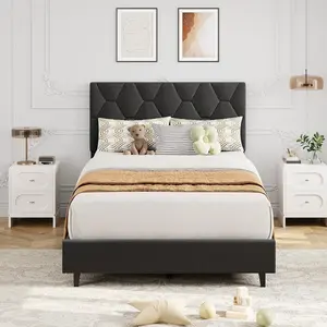 Bed Frame with Upholstered Headboard, Heavy-Duty Platform Bed Frame with Strong Wood Slats, No Box Spring Needed/Noise Free/Easy Assembly
