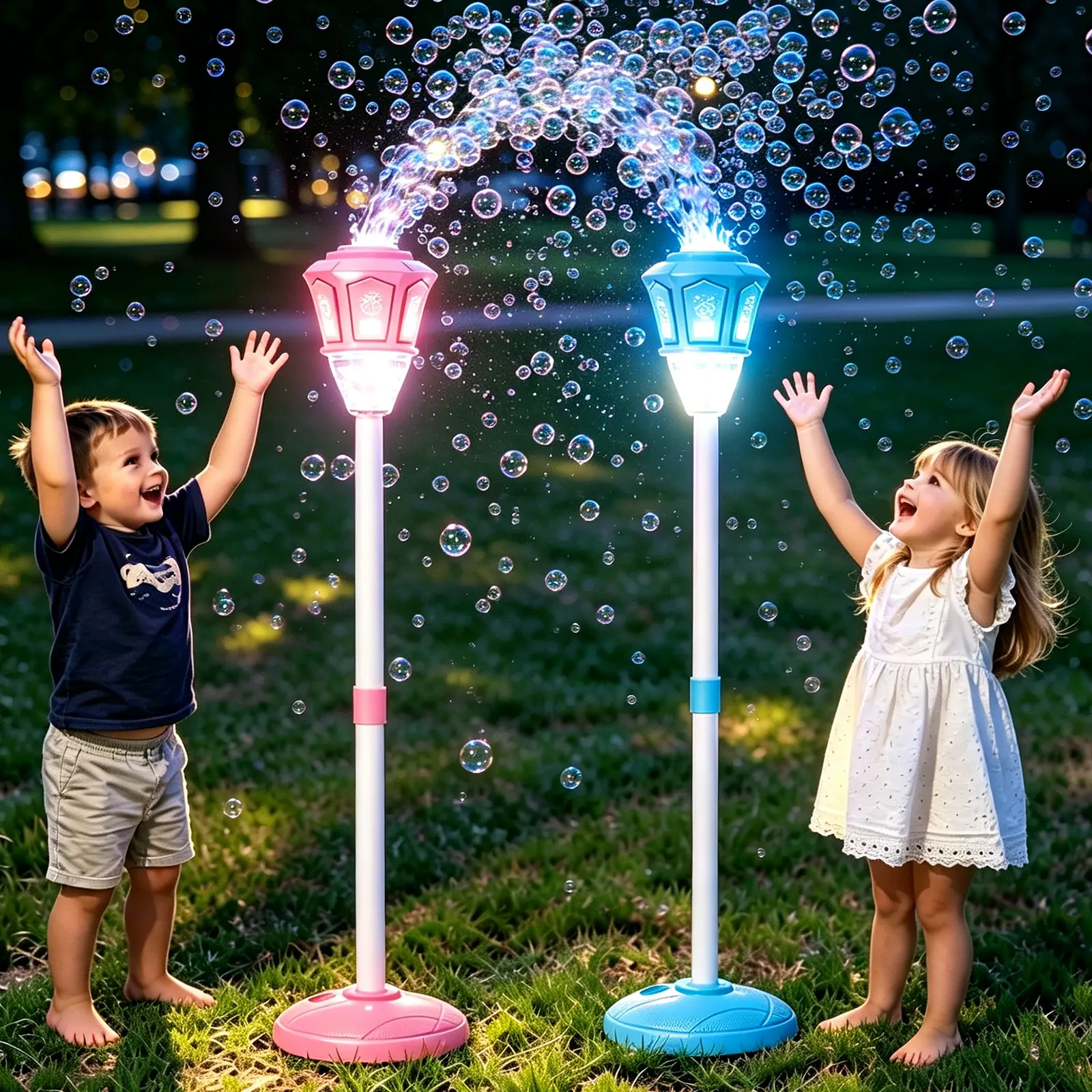 Light Music Automatic Bubble Torch Lamp, Easy Refill High Output Standing Bubble Blower, Rechargeable 3-Level Adjustable Bubble Machine for Outdoor Wedding Party Garden Kid Summer Entertainment Toys