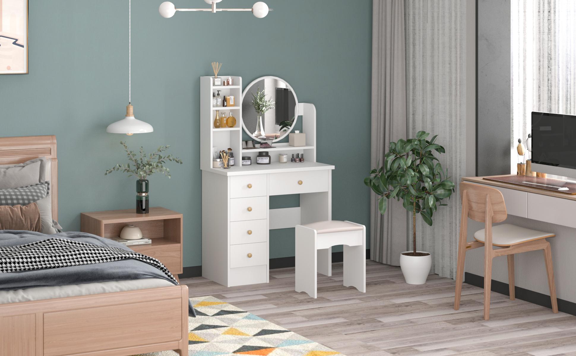 FUFU&GAGA Upgrade Crystal Handle Dreamy Vanity Desk Set with Lighted Mirror, 5 Drawers & 3 Adjustable Lighting Options, Durable Design for Bedroom, Dressing Room