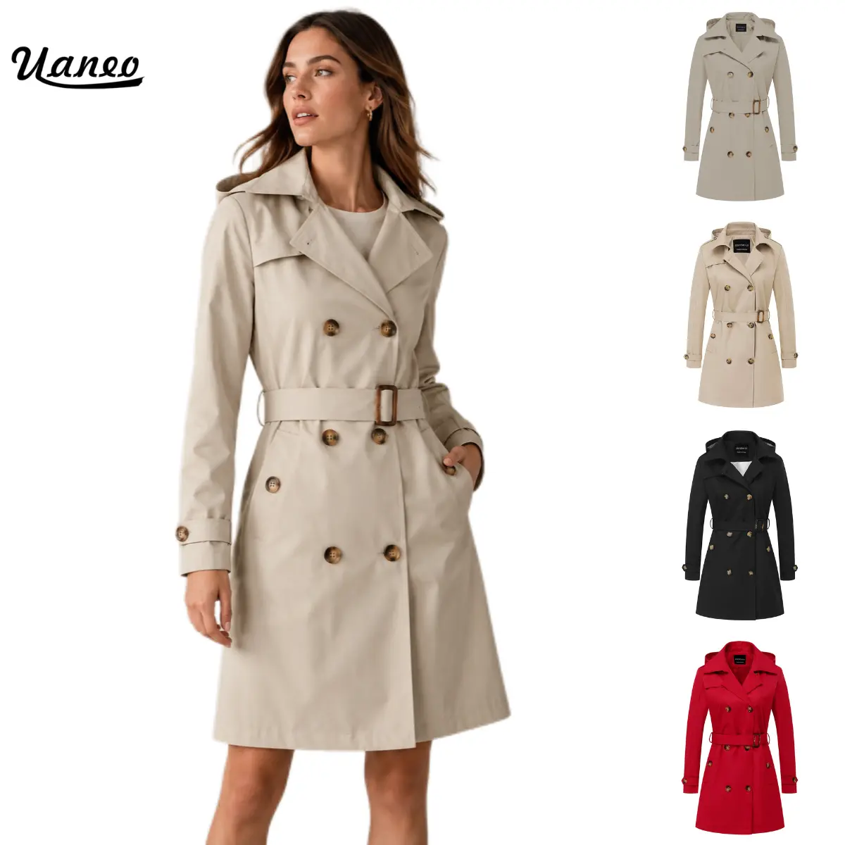 UANEO Women's Classic Trench Coat – Removable Hood, Fitted Double‑Breasted with Belt, Epaulettes, Cuffs & Secure Pockets, Tear‑Resistant Lining for Fall Winter Womenswear