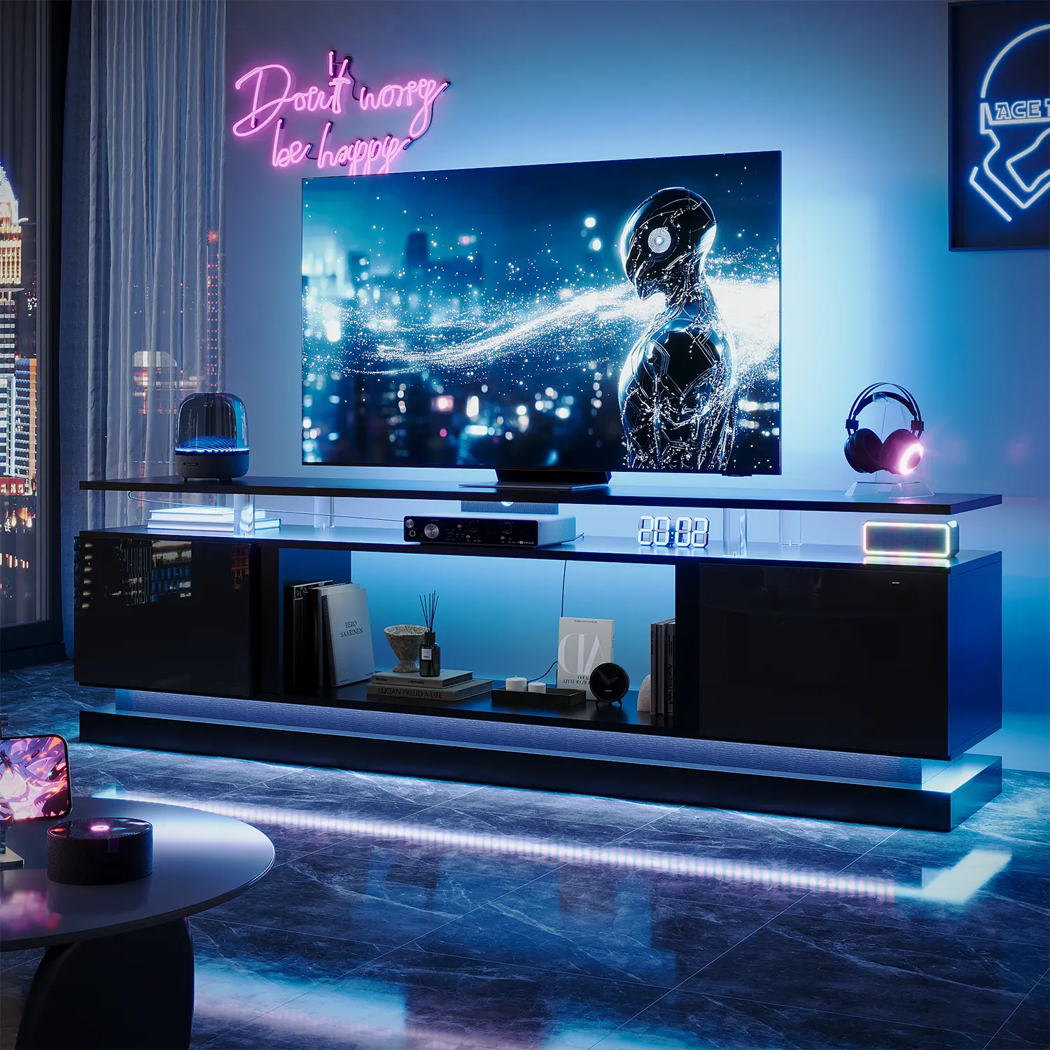 【TV STAND ONLY】70-Inch Black Rectangular Modern Media Console with Storage Cabinets, Living Room Furniture, Wooden Unit That Keeps Remotes and Media Tidy, Modern Look Upgrades Living Rooms